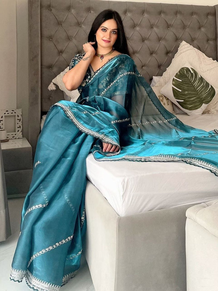 Soft Zimmy Choo Silk Designer Embroidery Work Saree In Teal Color