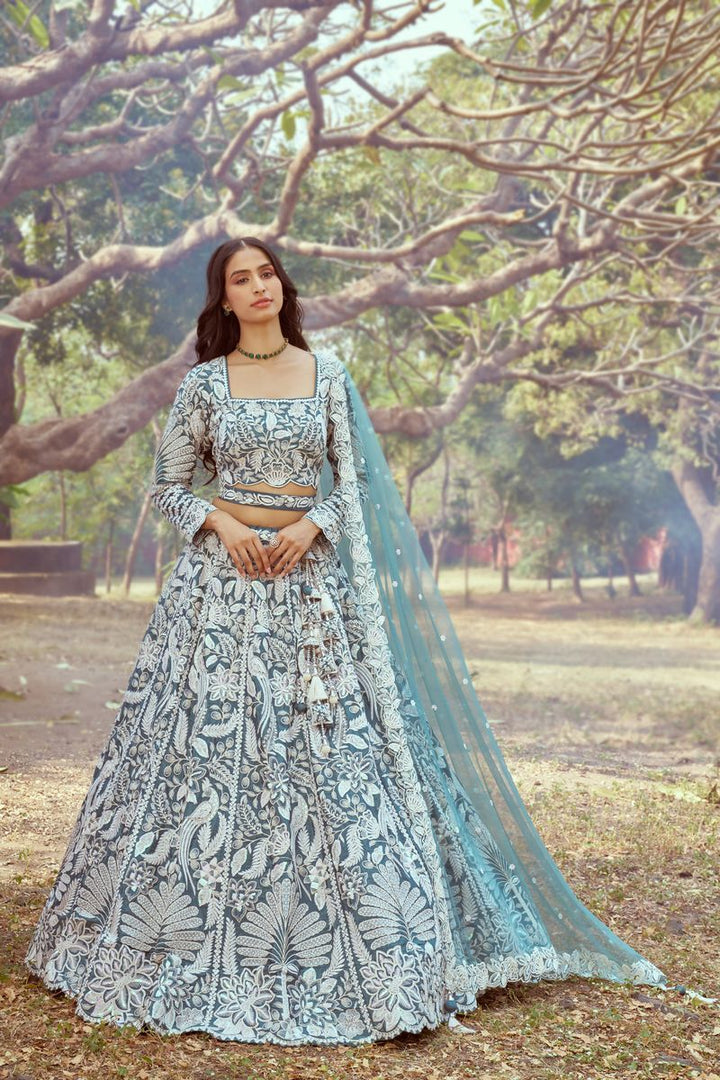 Teal Pure Satin Sequins embroidery Semi-Stitched Lehenga choli & Dupatta