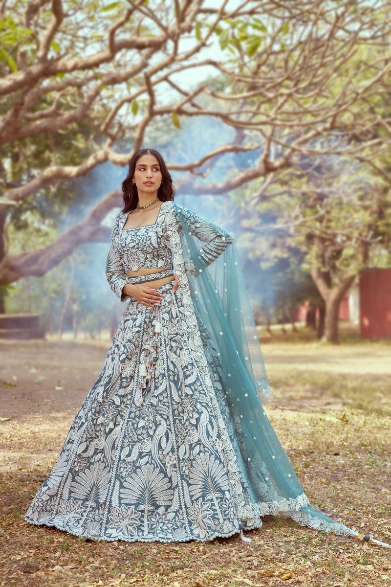 Teal Pure Satin Sequins embroidery Semi-Stitched Lehenga choli & Dupatta