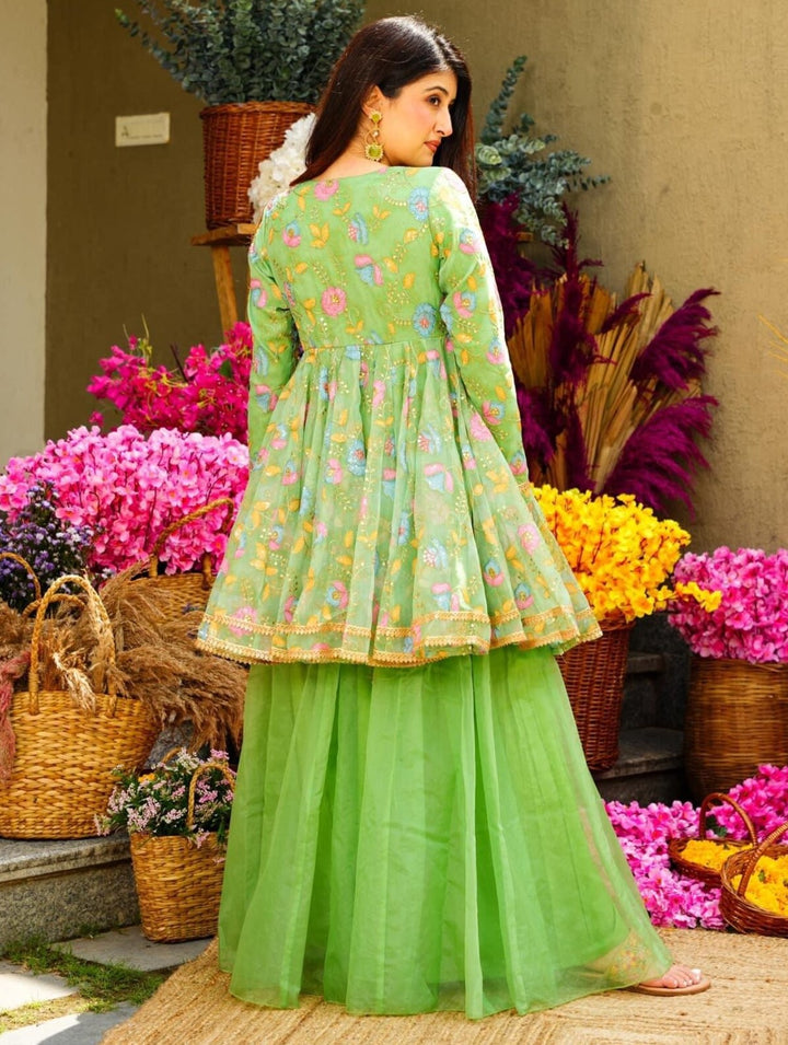 PISTA GREEN COLOR ORGANGA PRINTED SALWAR SUIT WITH DUPATTA BY QIVII