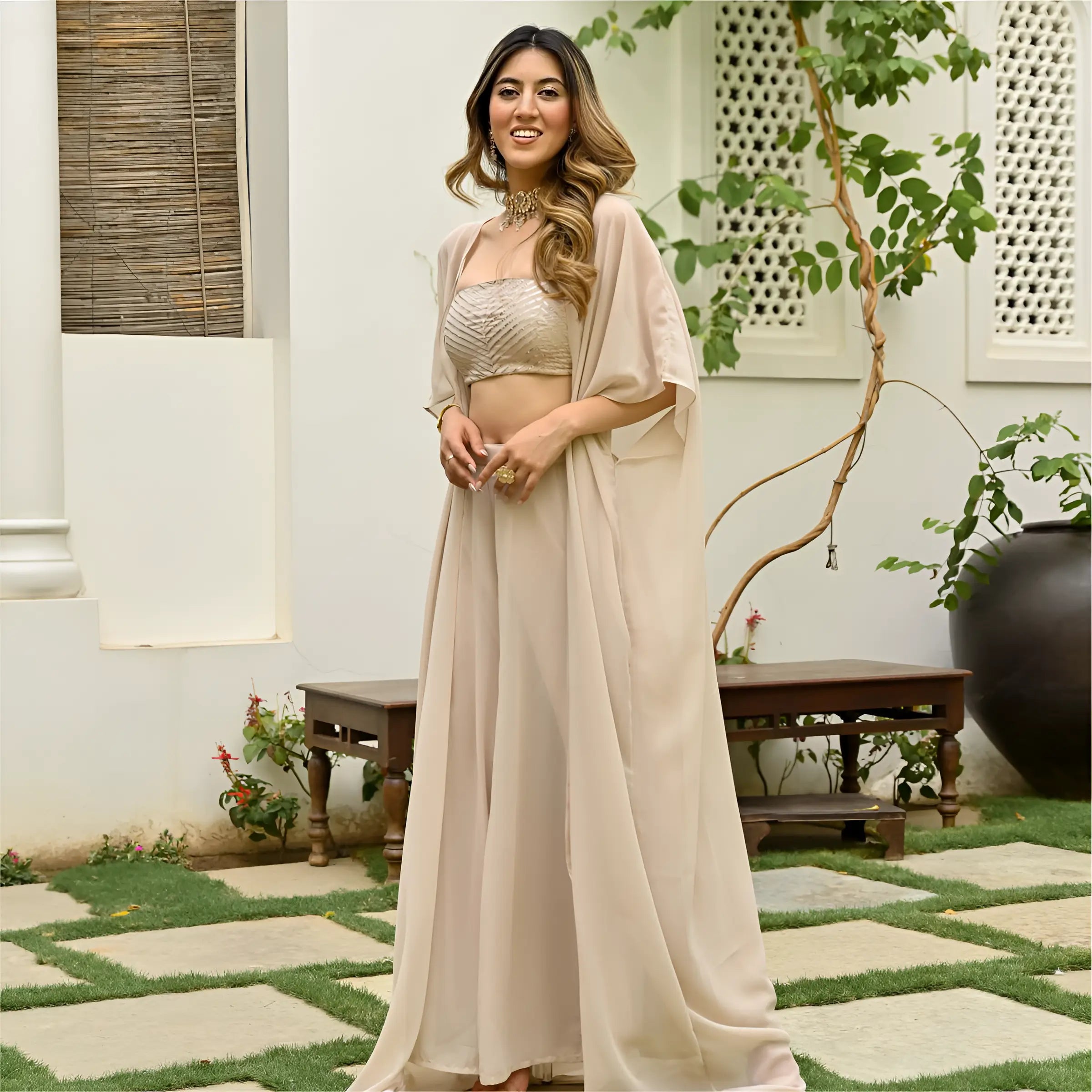 Beige Georgette Stylish Indo Western Co-Ord Set With Long Shrug - qivii