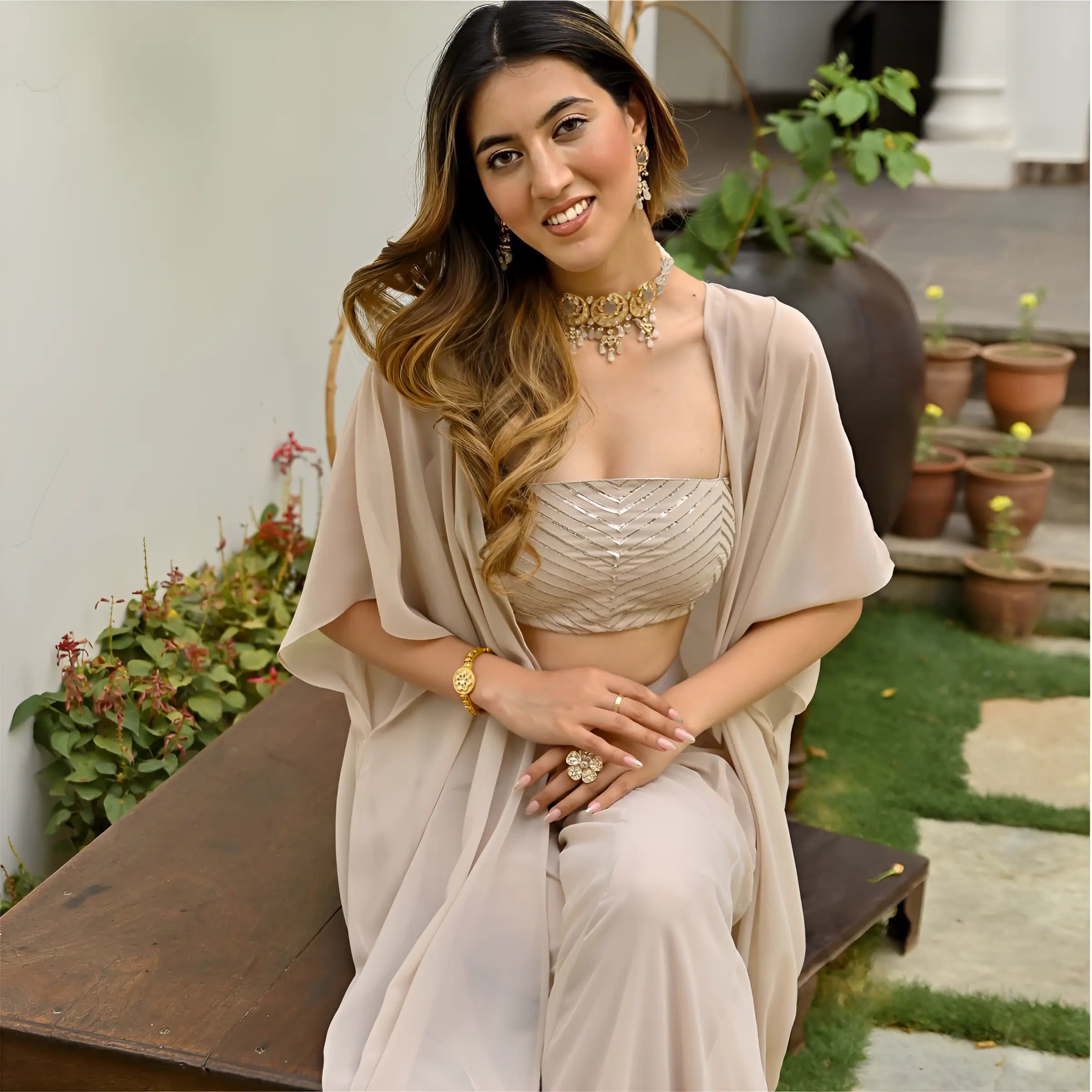 Beige Georgette Stylish Indo Western Co-Ord Set With Long Shrug - qivii