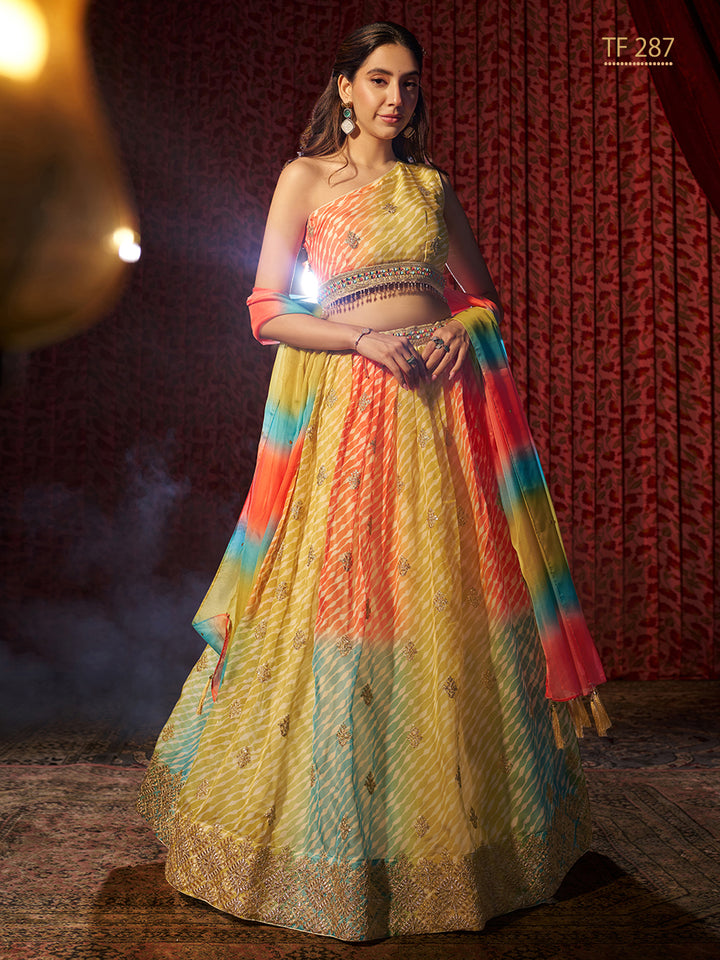 Yellow Color Organza Art Silk Embroidery, Printed Lehenga