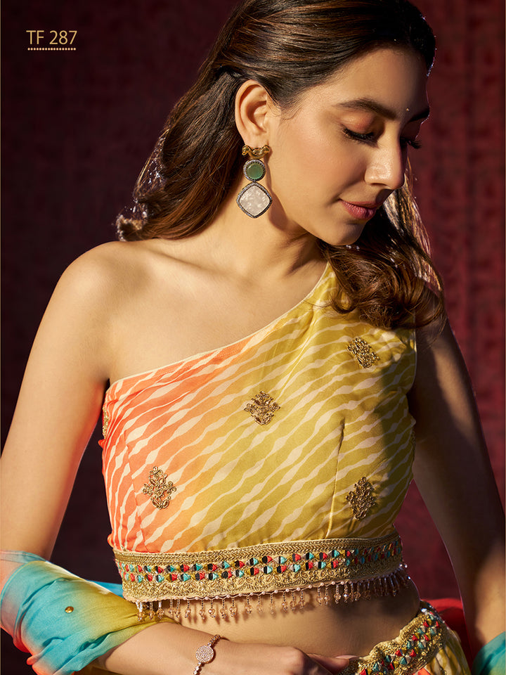 Yellow Color Organza Art Silk Embroidery, Printed Lehenga