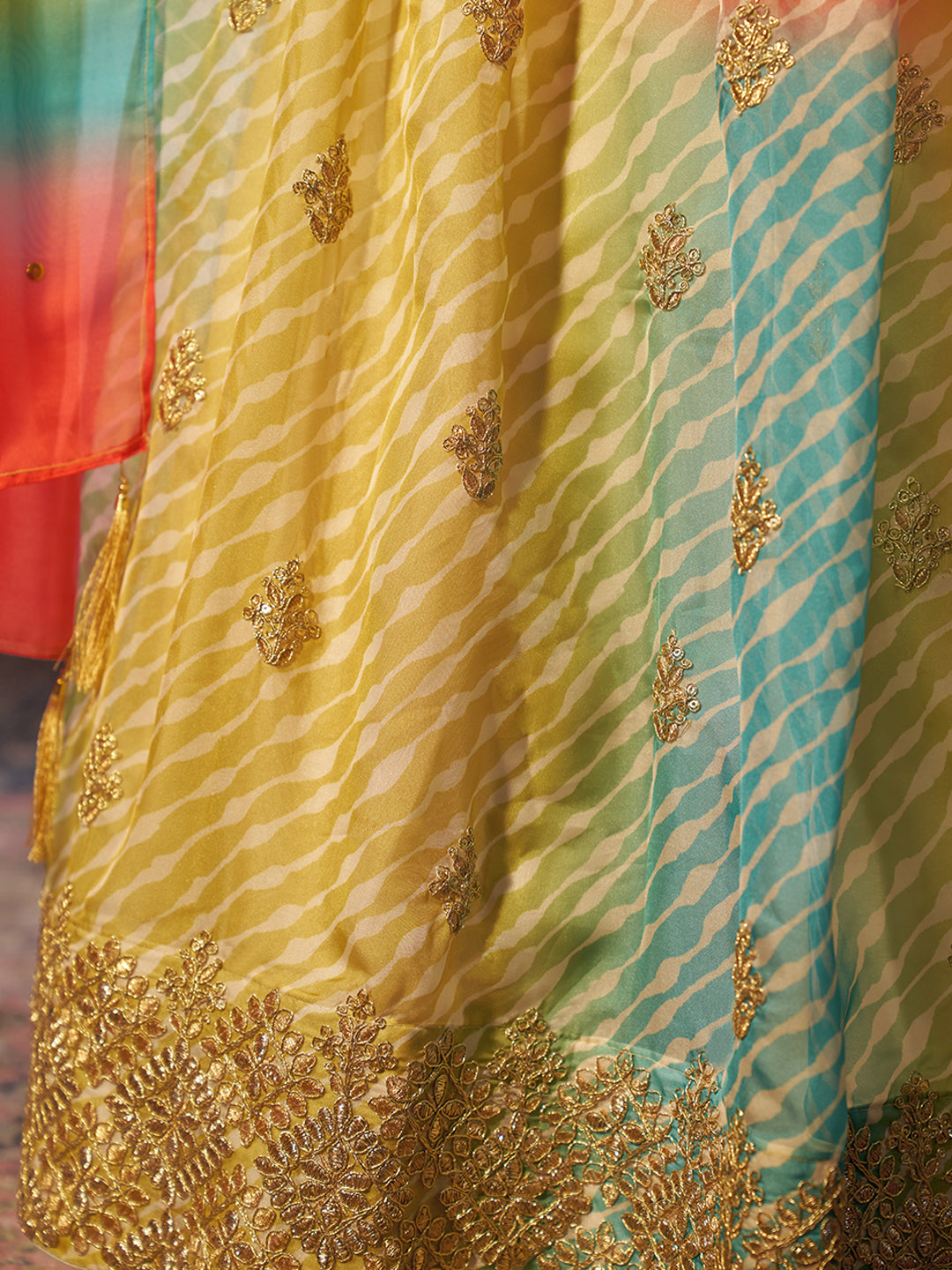 Yellow Color Organza Art Silk Embroidery, Printed Lehenga