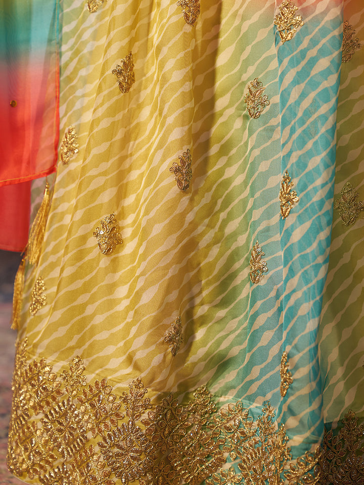 Yellow Color Organza Art Silk Embroidery, Printed Lehenga