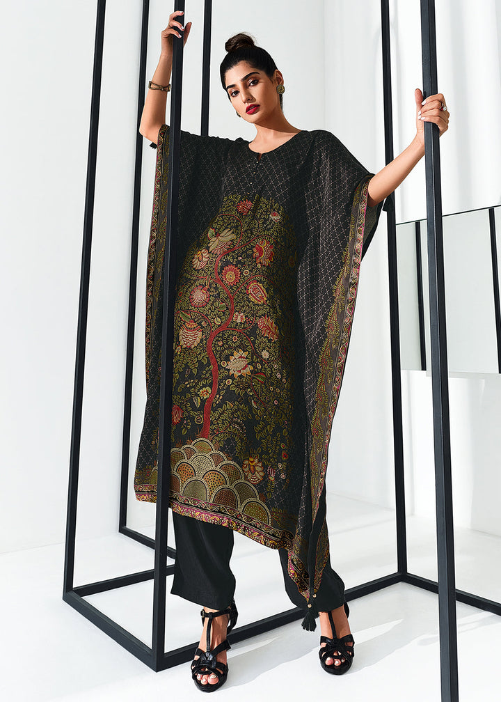 Ebony Black Digitally Printed Gaji Silk Kaftan Set By Qivii