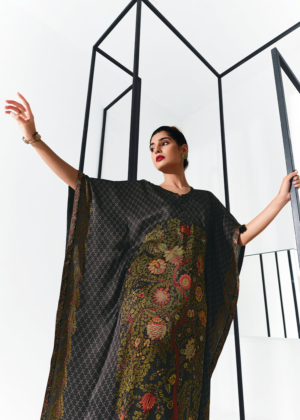 Ebony Black Digitally Printed Gaji Silk Kaftan Set By Qivii