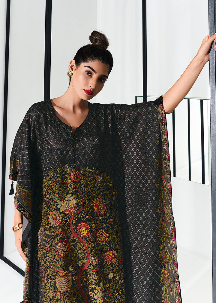 Ebony Black Digitally Printed Gaji Silk Kaftan Set By Qivii