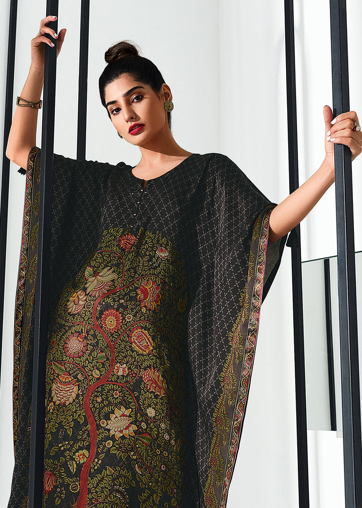 Ebony Black Digitally Printed Gaji Silk Kaftan Set By Qivii