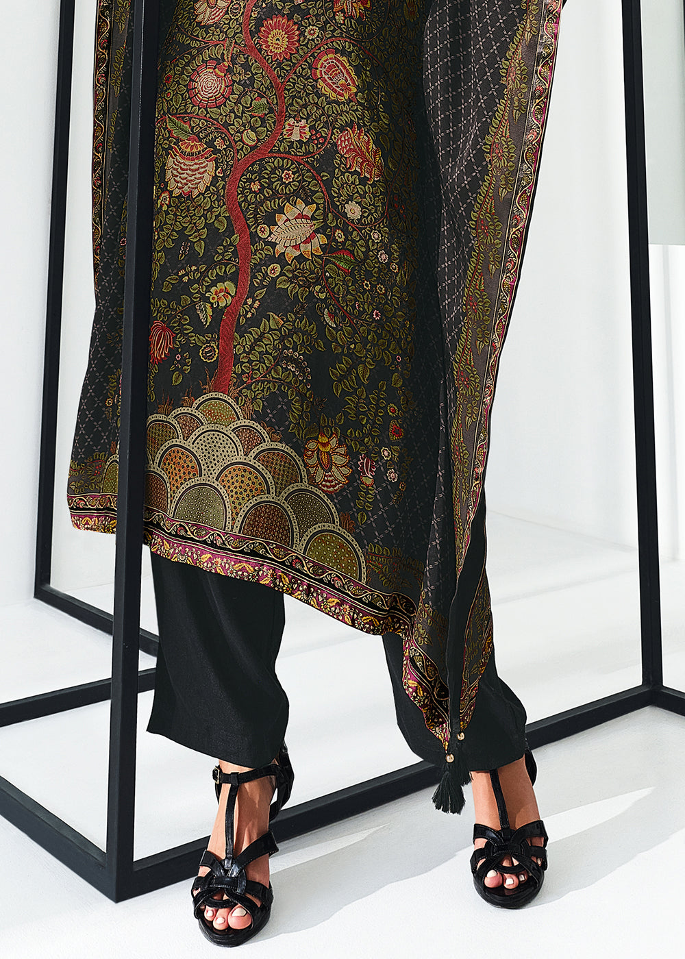 Ebony Black Digitally Printed Gaji Silk Kaftan Set By Qivii