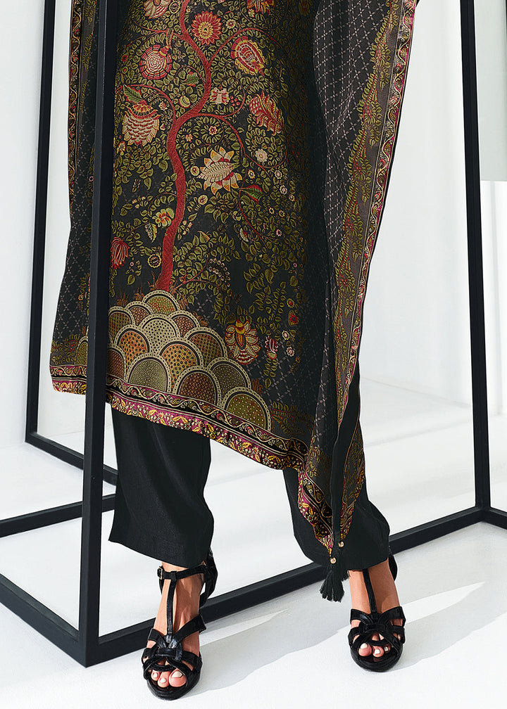 Ebony Black Digitally Printed Gaji Silk Kaftan Set