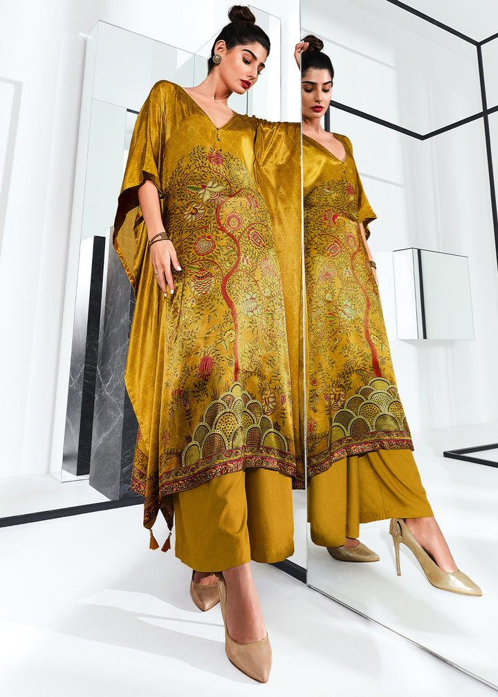 Canary Yellow Digitally Printed Gaji Silk Kaftan Set By Qivii, a luxurious and vibrant outfit perfect for any special occasion