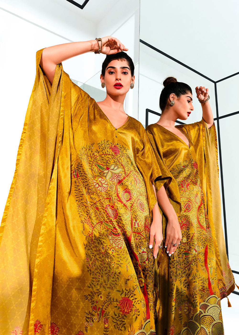 Canary yellow kaftan set with flowy silhouette and V-neckline