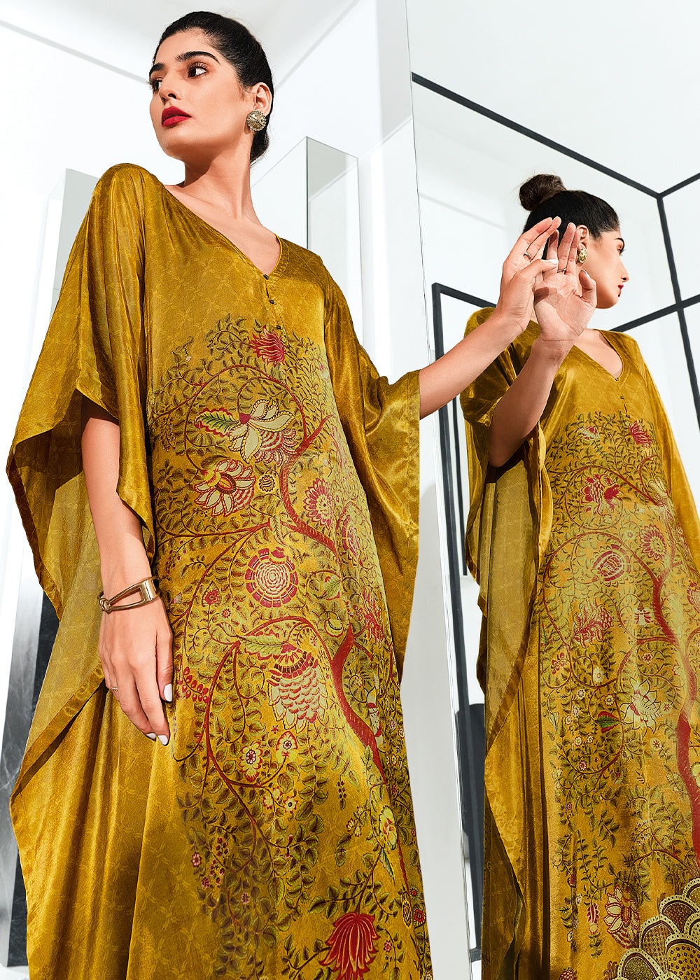 Canary Yellow Digitally Printed Gaji Silk Kaftan Set By Qivii, a luxurious and vibrant outfit perfect for any occasion