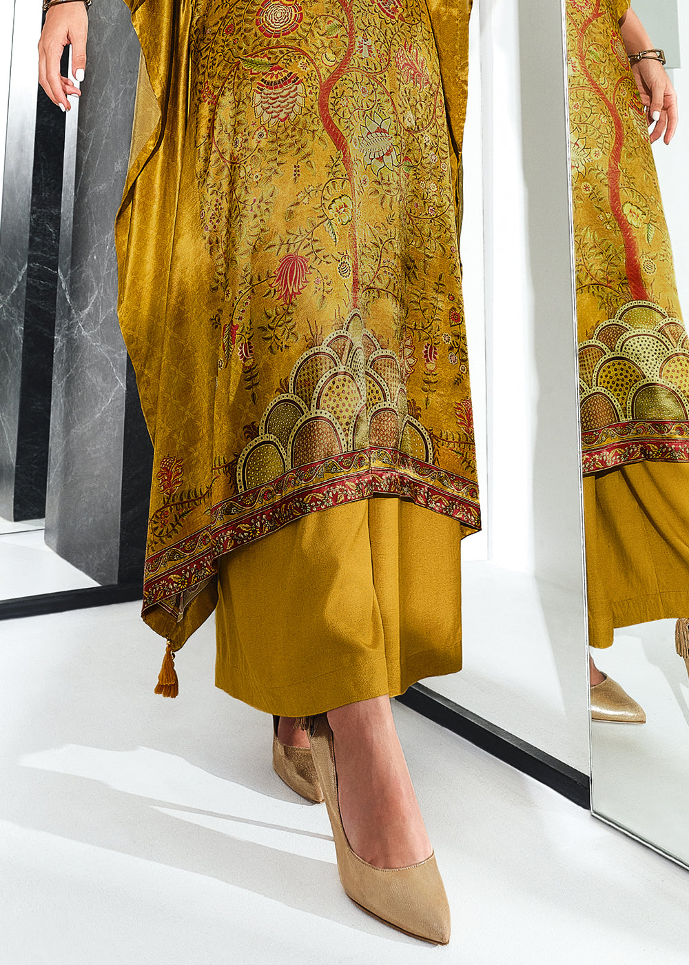 Canary Yellow Digitally Printed Gaji Silk Kaftan Set By Qivii