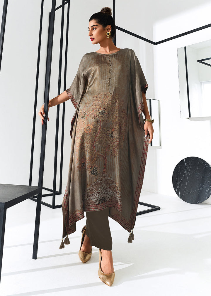 Liver Brown Digitally Printed Gaji Silk Kaftan Set By Qivii