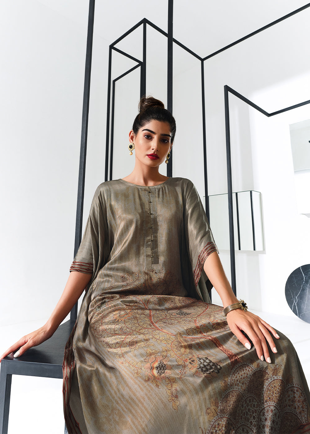 Liver Brown Digitally Printed Gaji Silk Kaftan Set