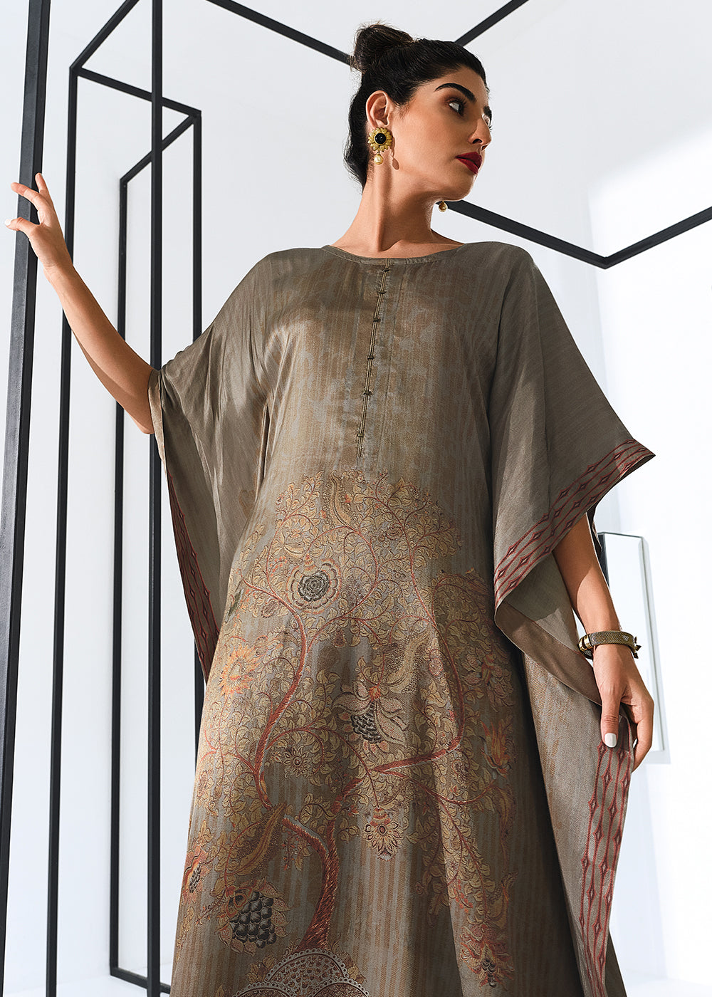 Liver Brown Digitally Printed Gaji Silk Kaftan Set By Qivii