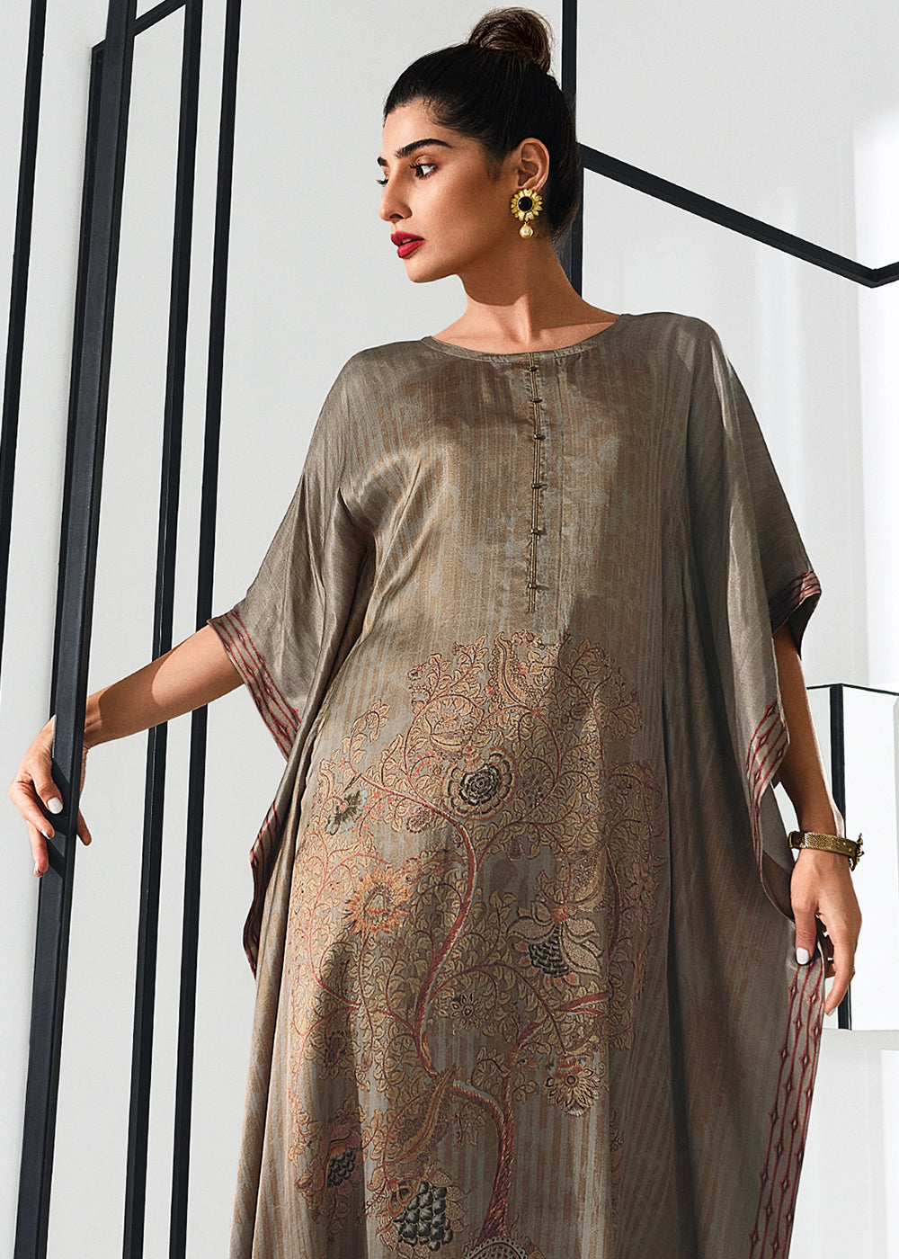 Liver Brown Digitally Printed Gaji Silk Kaftan Set By Qivii