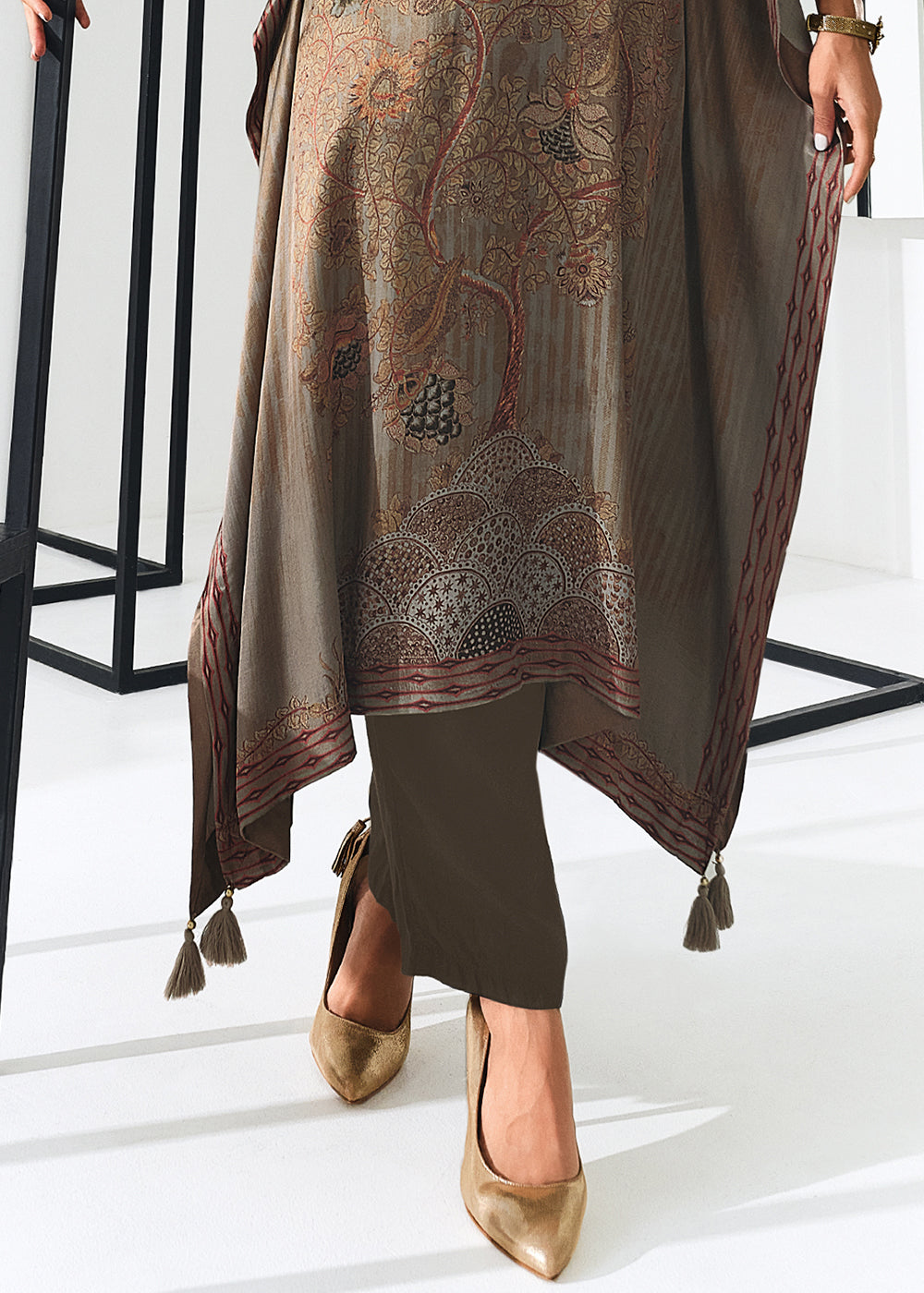 Liver Brown Digitally Printed Gaji Silk Kaftan Set