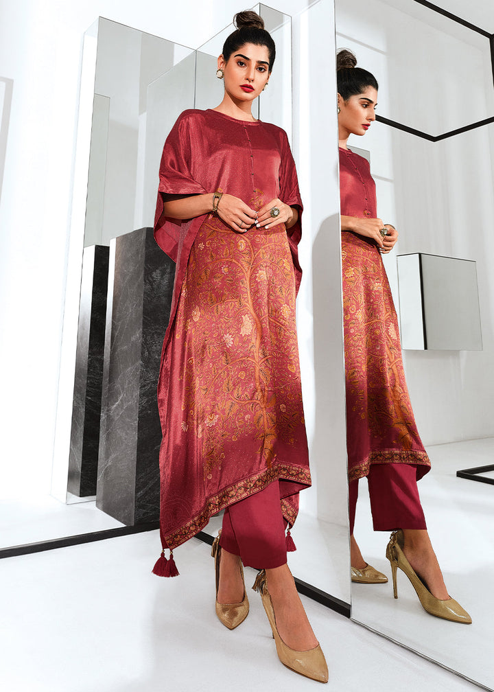 Raspberry Pink Digitally Printed Gaji Silk Kaftan Set By Qivii