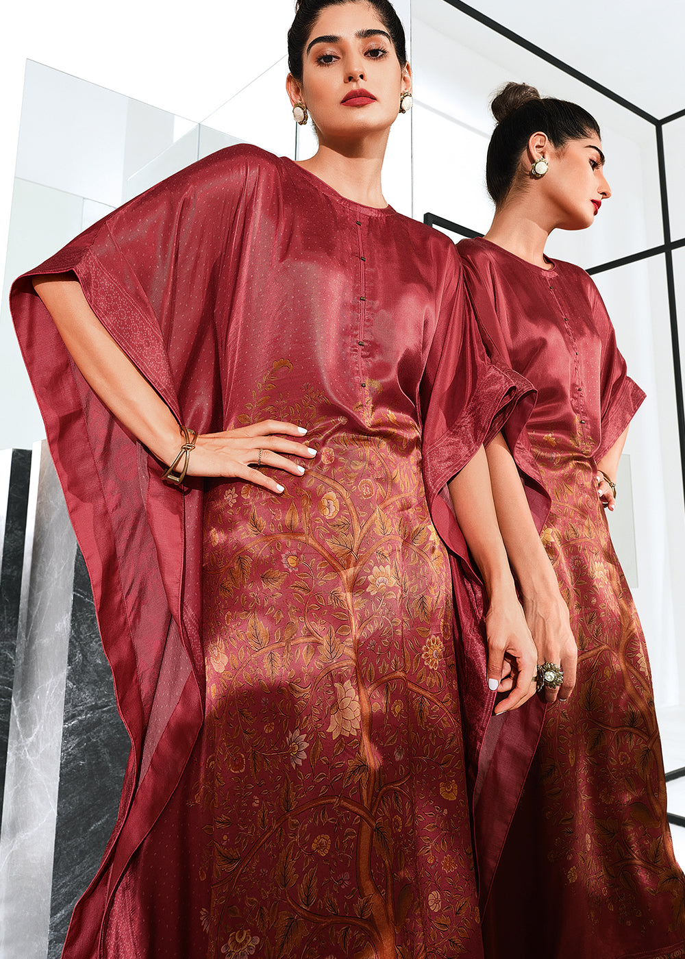 Raspberry Pink Digitally Printed Gaji Silk Kaftan Set By Qivii