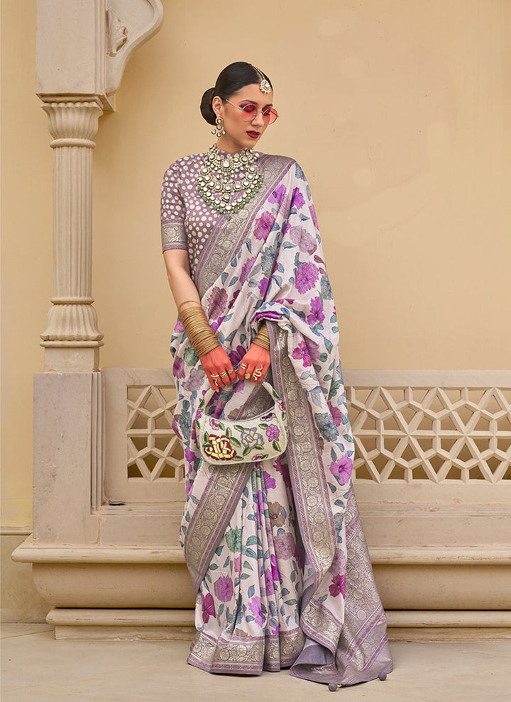 Silk Weaving Festive Wear White And Mauve Saree