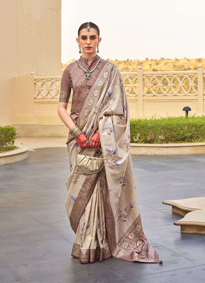 Weaving Silk Festive Wear Beige Saree