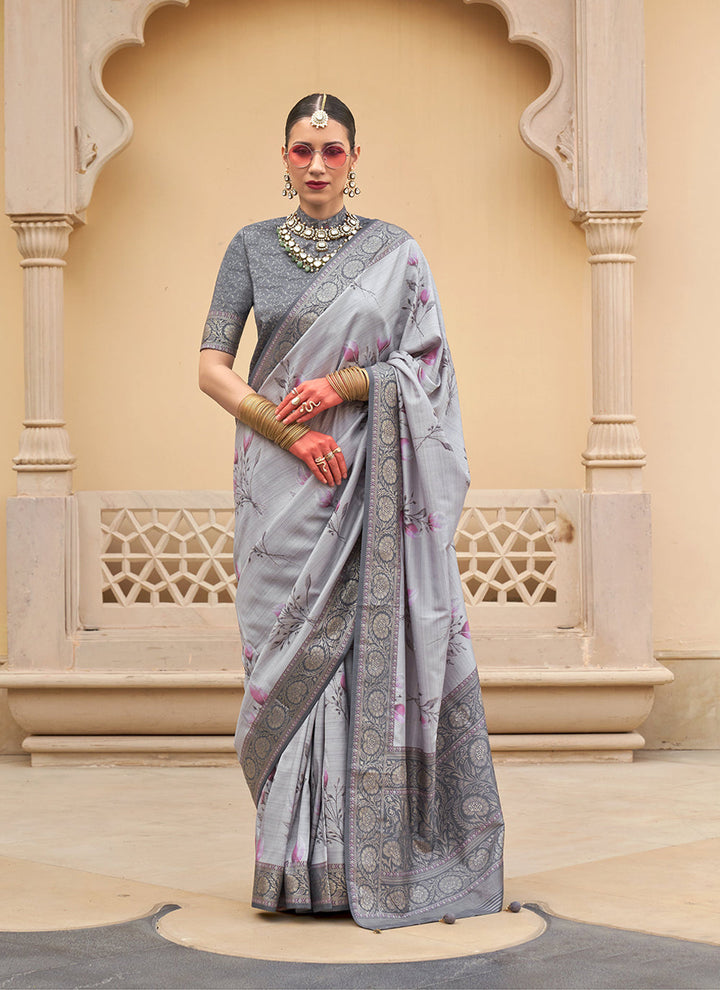 Weaving Silk Festive Wear Saree In Grey