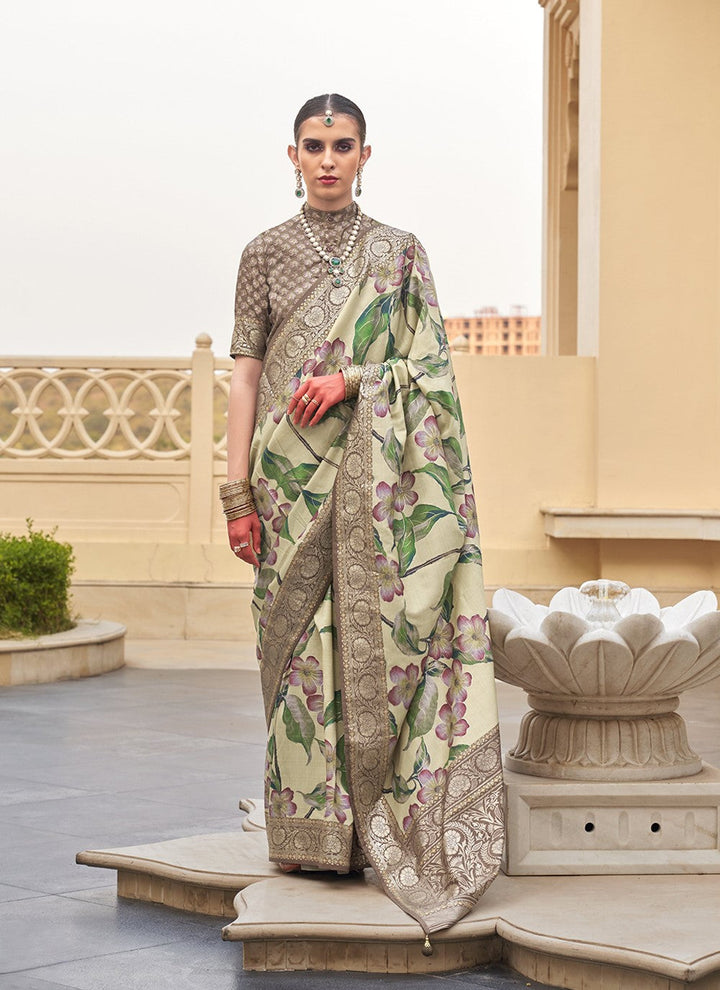 Weaving Beige Silk Festive Wear Saree