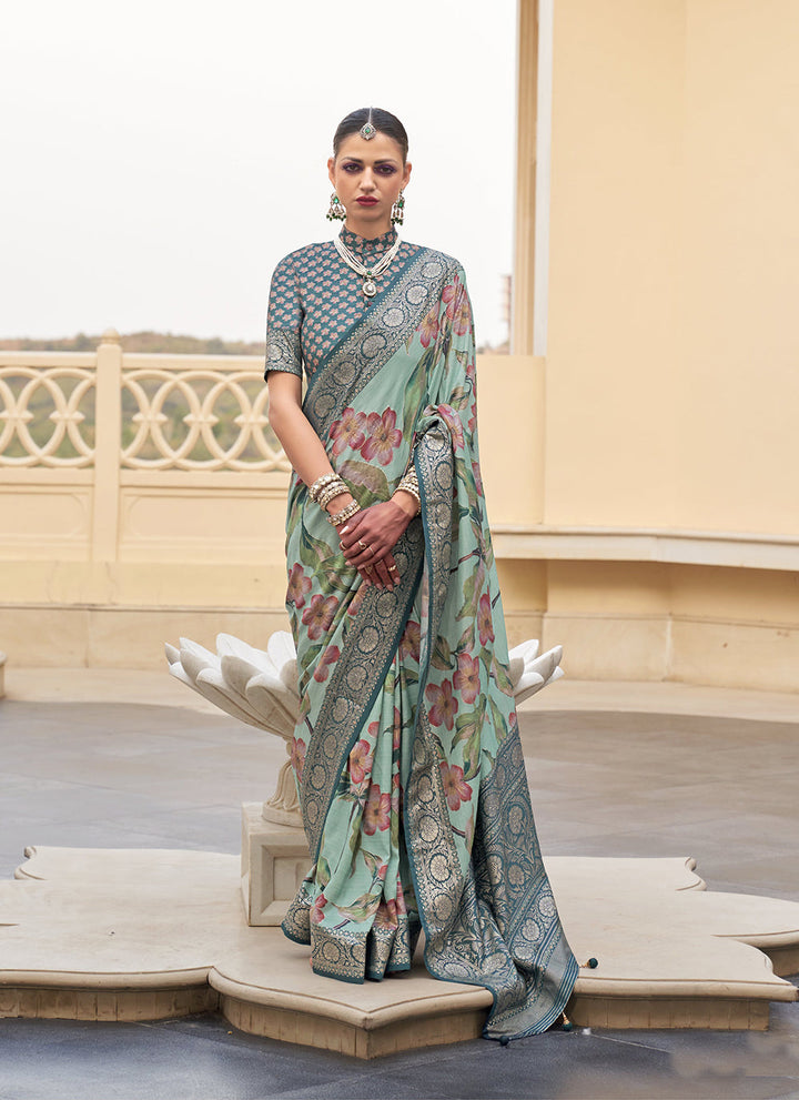 Weaving Silk Festive Wear Saree In Sea Green