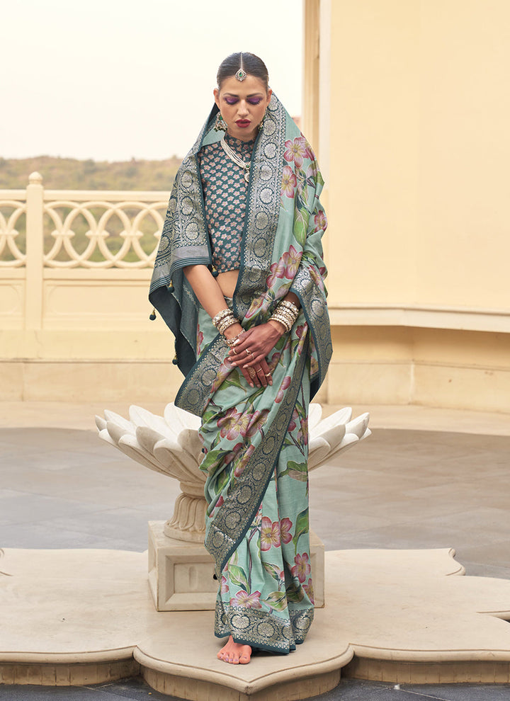 Weaving Silk Festive Wear Saree In Sea Green