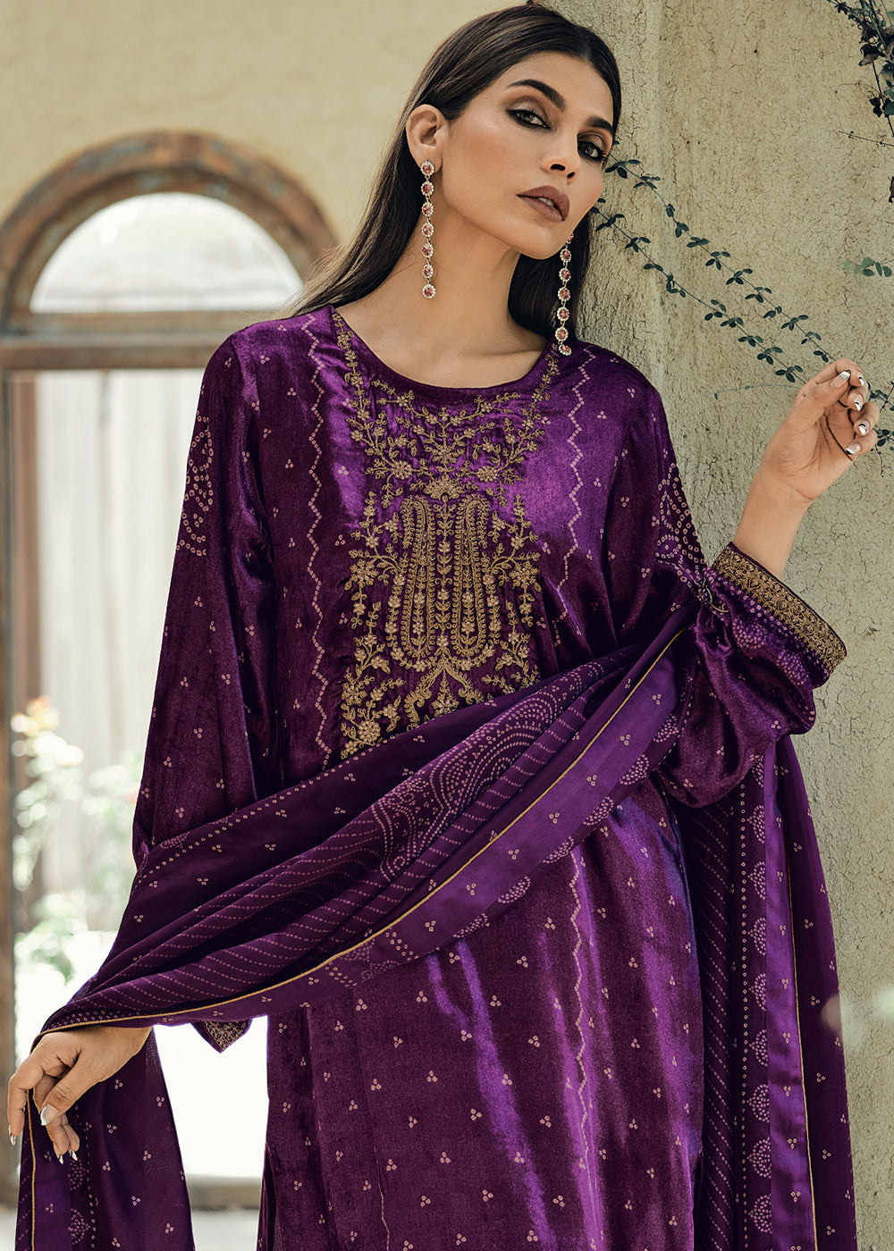 Mardi Gras Purple Bandhani Printed Velvet Salwar Suit With Embroidery Work: Top Pick