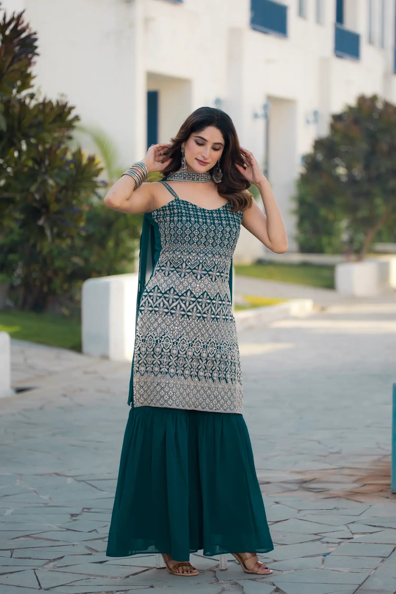 Teal Blue Georgette Sequence Embroidery Work Salwar Suit - qivii