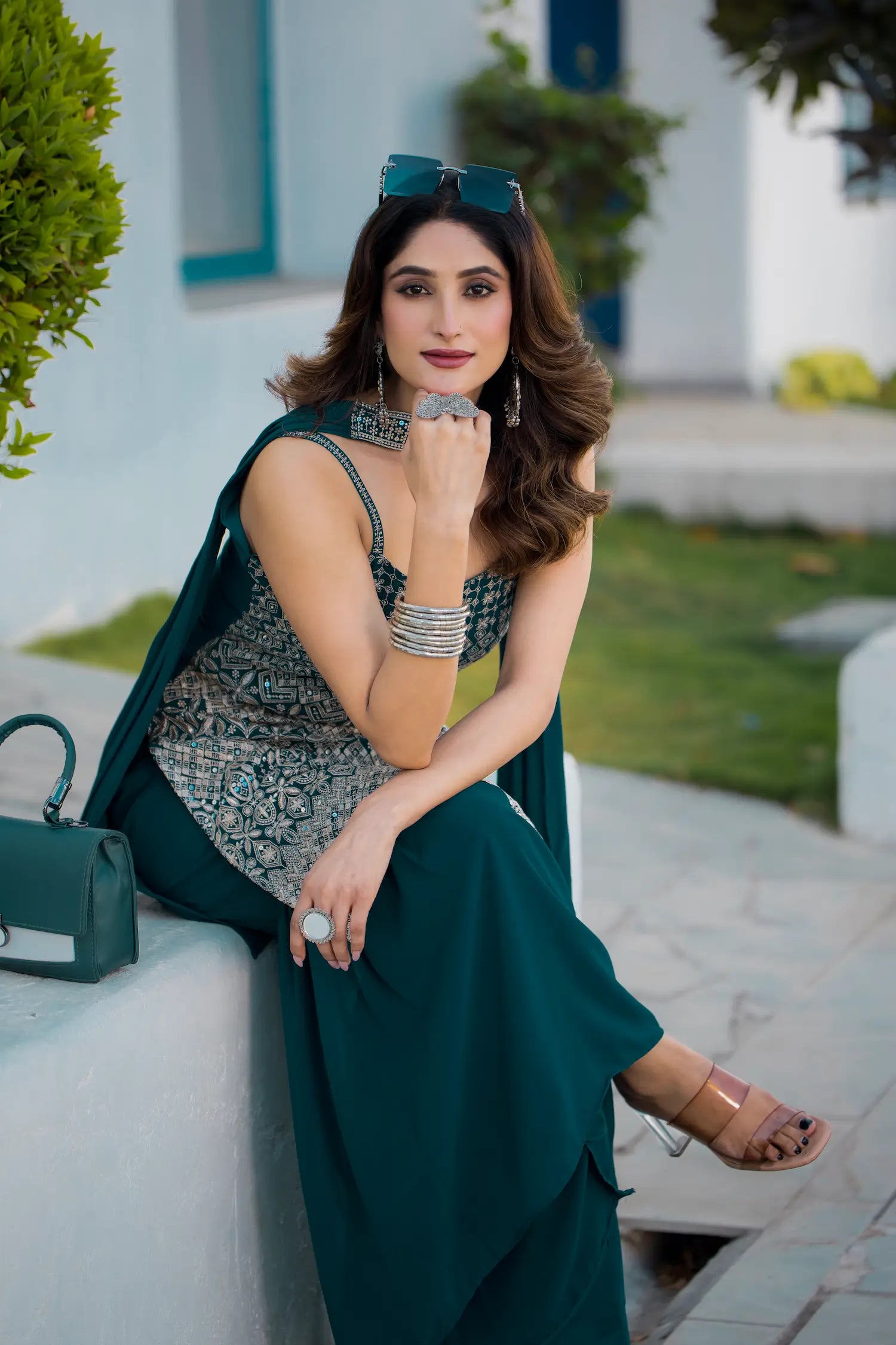 Teal Blue Georgette Sequence Embroidery Work Salwar Suit - qivii