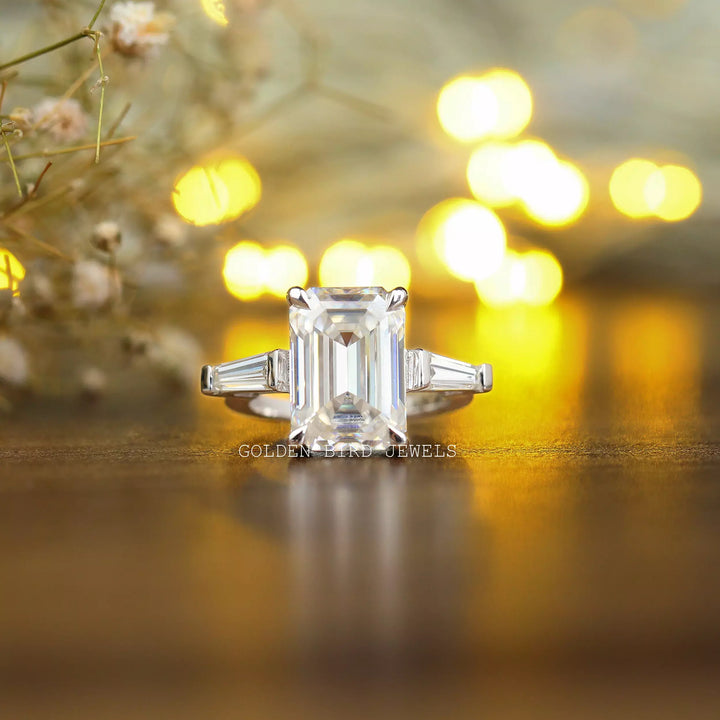 Three Stone Emerald Cut Moissanite Anniversary Ring