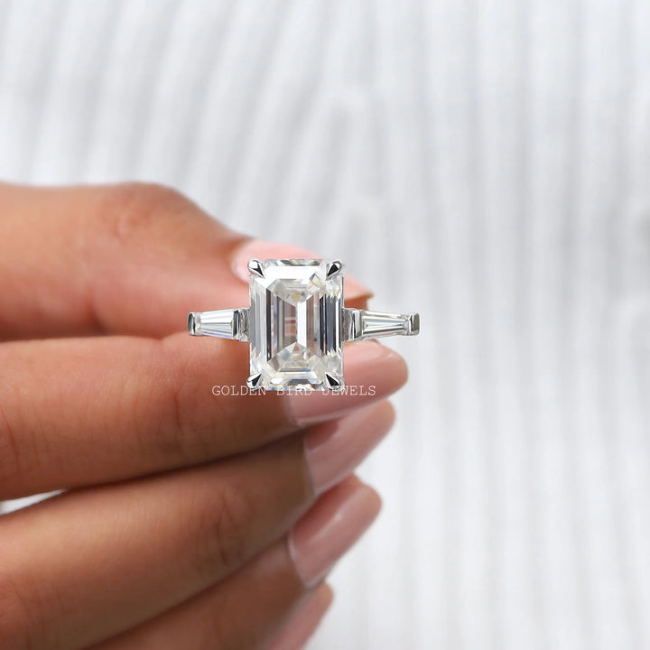 Three Stone Emerald Cut Moissanite Anniversary Ring