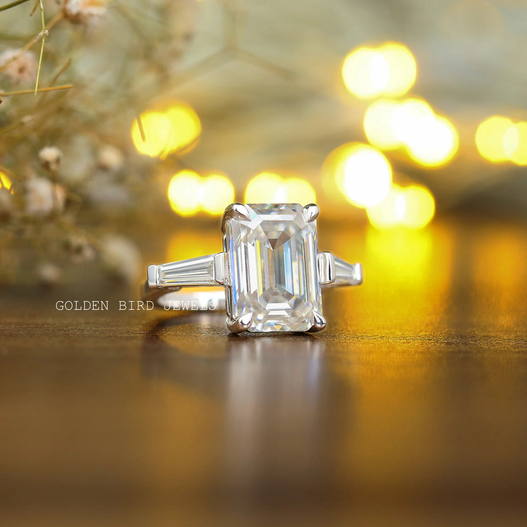 Three Stone Emerald Cut Moissanite Anniversary Ring