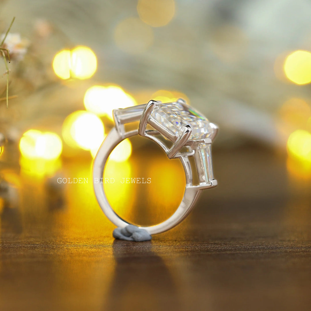 Three Stone Emerald Cut Moissanite Anniversary Ring