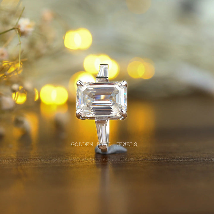 Three Stone Emerald Cut Moissanite Anniversary Ring