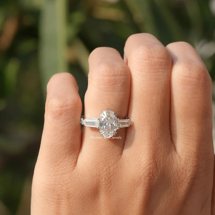 Crushed Ice Oval Moissanite Three Stone Ring