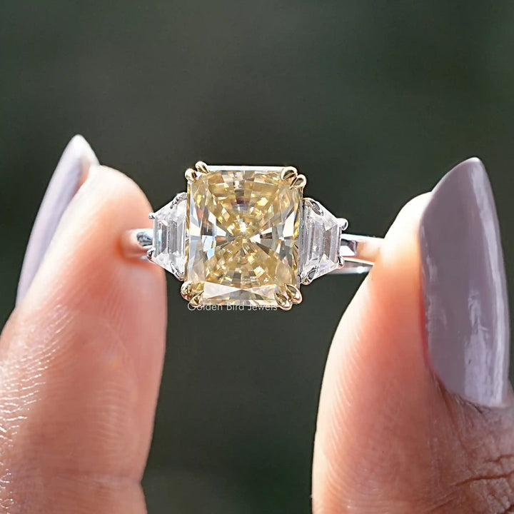 Three Stone Yellow Radiant Moissanite Engagement Ring