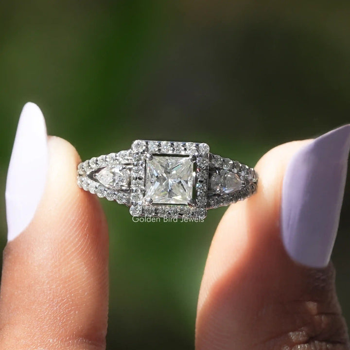 Princess Cut Three Stone Halo Engagement Ring