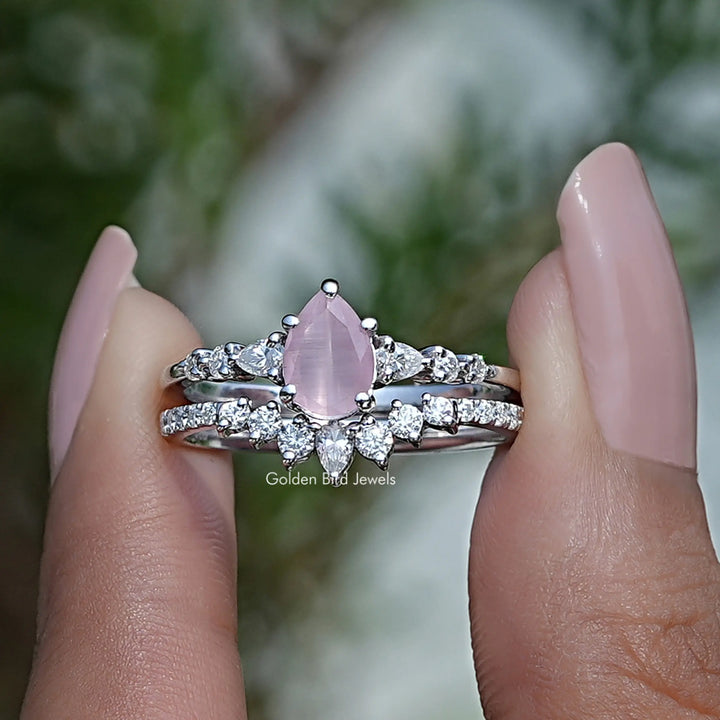 Tourmaline Pink Pear Gemstone Bridal Ring Set