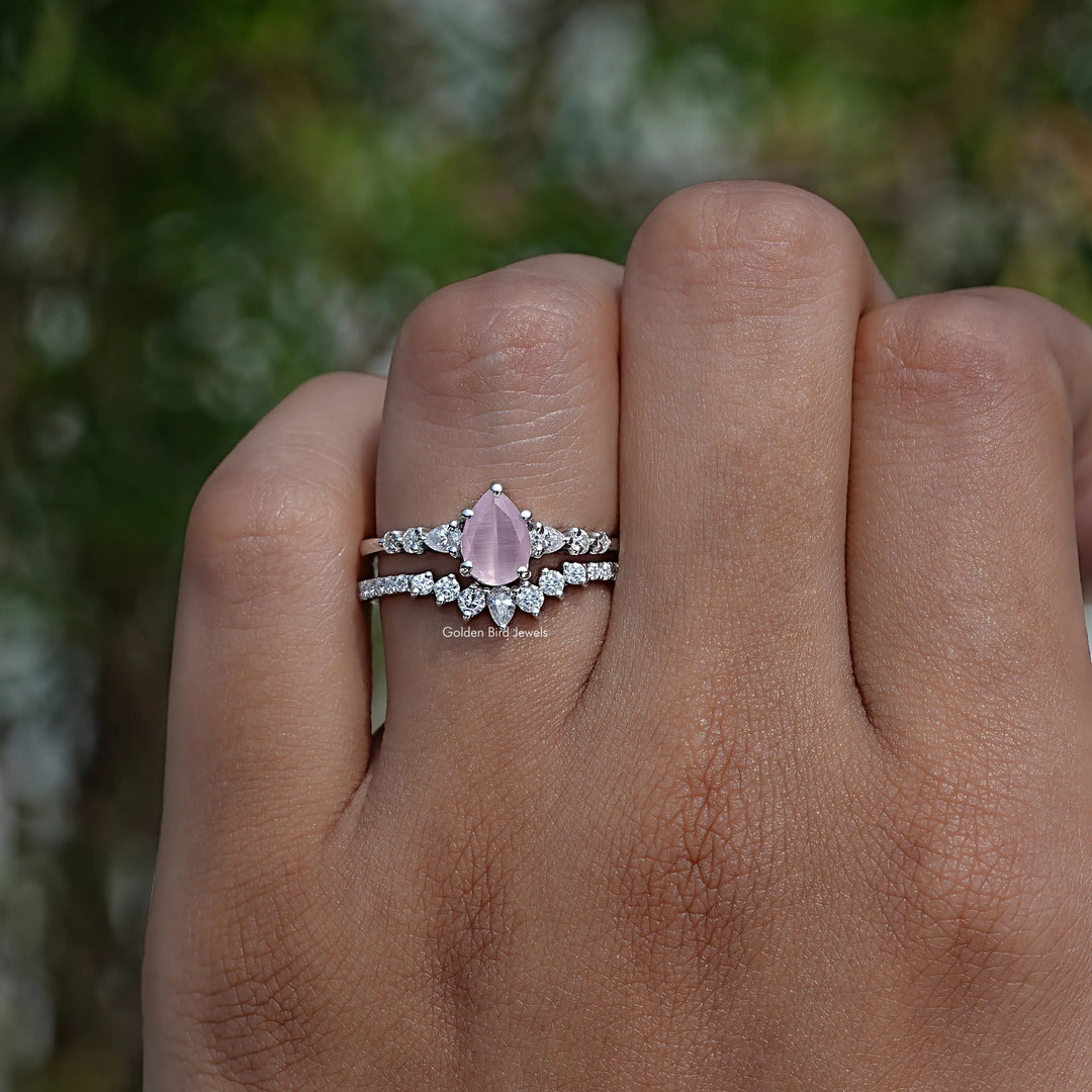 Tourmaline Pink Pear Gemstone Bridal Ring Set