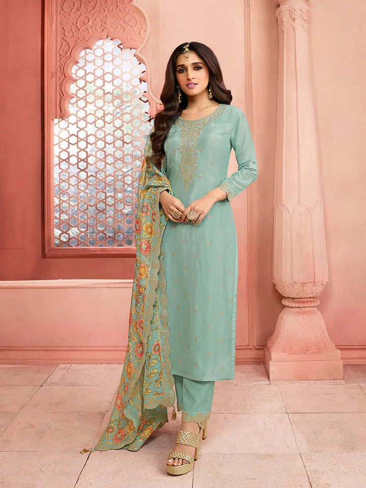 Turquoise Yoke design with cording embroidery Kurta Suit Set by Qivii