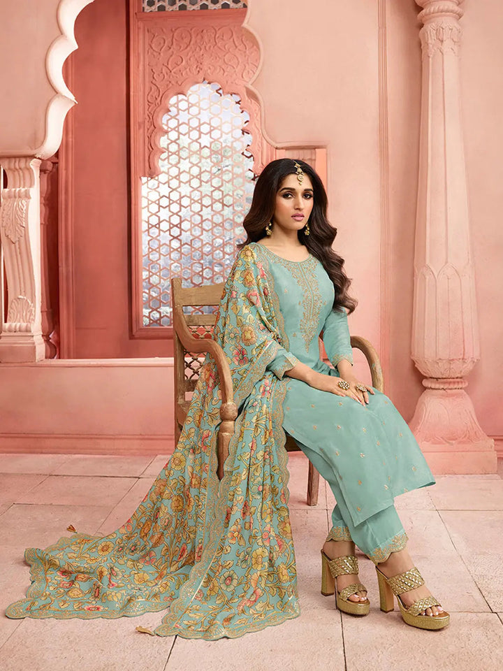 Turquoise Yoke design with cording embroidery Kurta Suit Set by Qivii