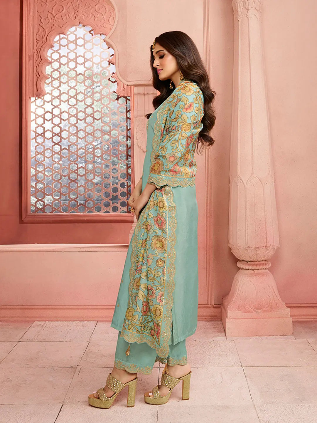 Turquoise Yoke design with cording embroidery Kurta Suit Set by Qivii