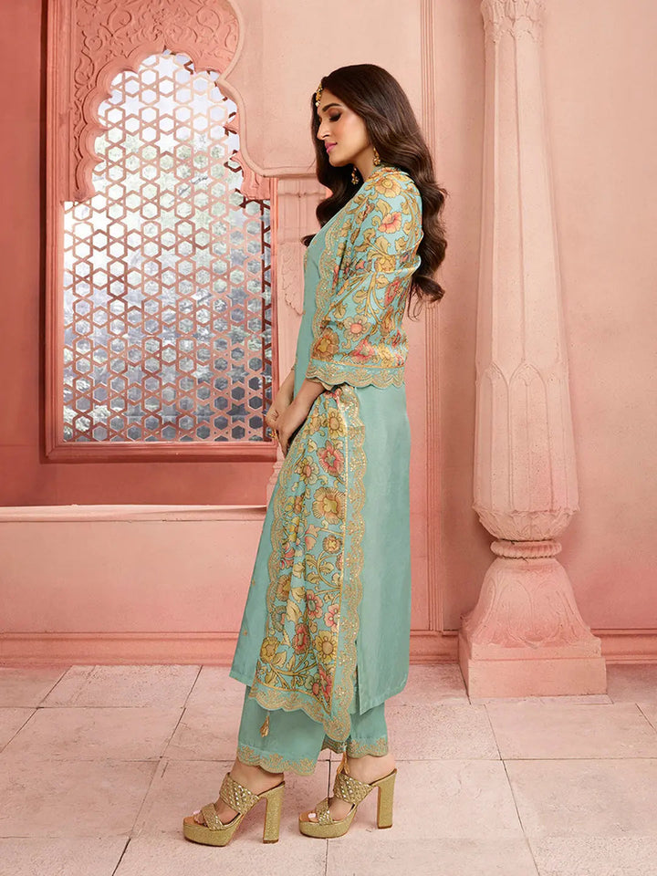 Turquoise Yoke design with cording embroidery Kurta Suit Set by Qivii